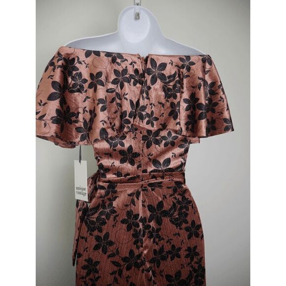 Unique Vintage mauve Sparkle & Black Floral Velvet Wide Leg Belted Jumpsuit XS - Picture 7 of 9